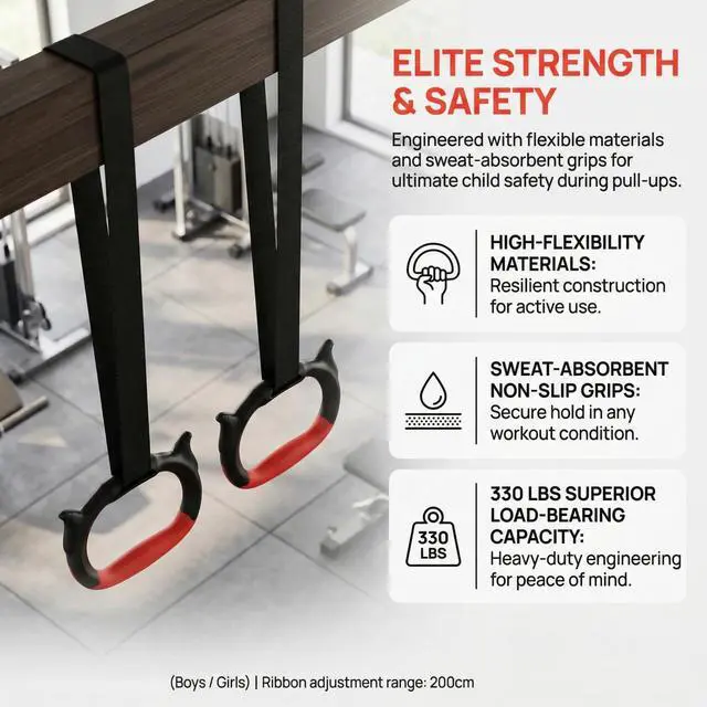 Alt view image 5 of 7 - Gymnastics Rings, Children's Home Gym Equipment, Children's Adjustable Strap Strength Training Rings (Red)