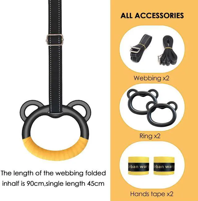 Alt view image 2 of 7 - Gymnastics Rings, Professional Children's Home Fitness Equipment, Children's Adjustable Harness Strength Training Rings, Indoor Gymnastics Rings (Yellow)
