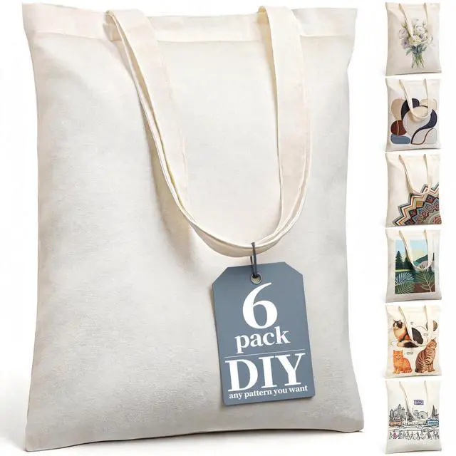 Main image of Canvas Tote Bag, 6 Pack DIY Reusable Grocery Bags | Gift, Shopping, Work, Plain Lightweight, Easy to Carry, Beige, 15.7 x 13 in