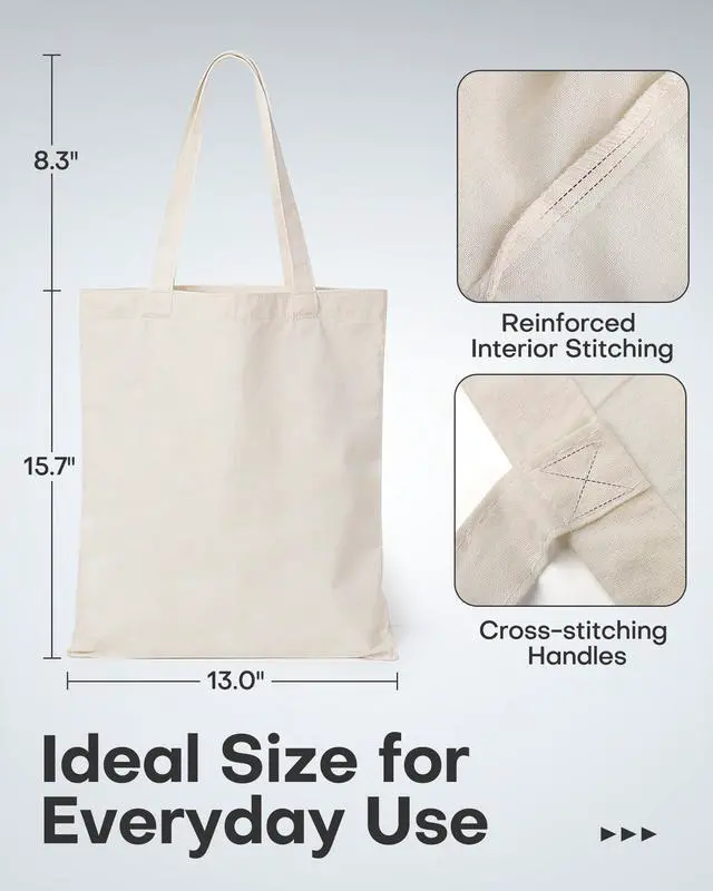 Alt view image 6 of 7 - Canvas Tote Bag, 6 Pack DIY Reusable Grocery Bags | Gift, Shopping, Work, Plain Lightweight, Easy to Carry, Beige, 15.7 x 13 in