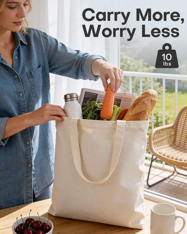 Alt view image 7 of 7 - Canvas Tote Bag, 6 Pack DIY Reusable Grocery Bags | Gift, Shopping, Work, Plain Lightweight, Easy to Carry, Beige, 15.7 x 13 in