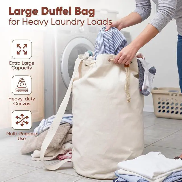 Alt view image 3 of 6 - Canvas Duffel Bag - Drawstring, Leather Closure, Shoulder Strap