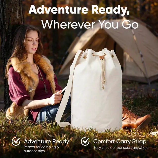 Alt view image 6 of 6 - Canvas Duffel Bag - Drawstring, Leather Closure, Shoulder Strap