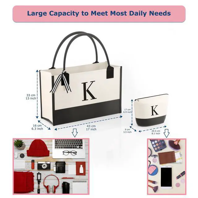 Alt view image 3 of 7 - Monogrammed Canvas Tote Bag with Zipper Pockets - Ideal Gift for Mom, Teacher, Sister