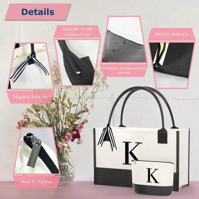 Alt view image 4 of 7 - Monogrammed Canvas Tote Bag with Zipper Pockets - Ideal Gift for Mom, Teacher, Sister