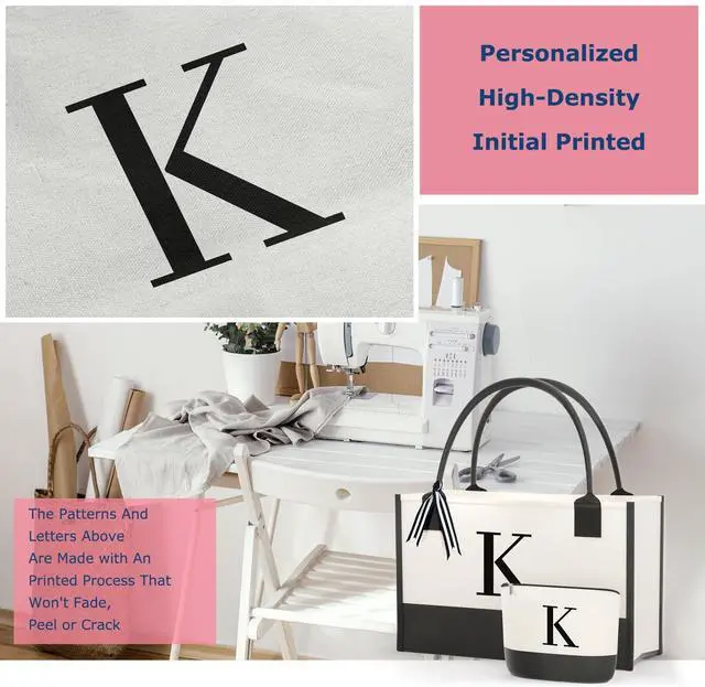 Alt view image 5 of 7 - Monogrammed Canvas Tote Bag with Zipper Pockets - Ideal Gift for Mom, Teacher, Sister