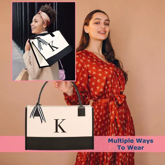 Alt view image 6 of 7 - Monogrammed Canvas Tote Bag with Zipper Pockets - Ideal Gift for Mom, Teacher, Sister