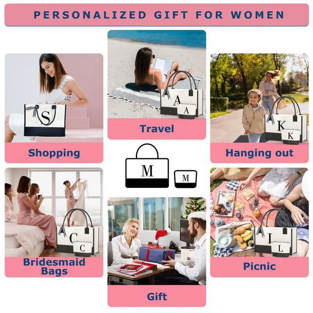 Alt view image 7 of 7 - Monogrammed Canvas Tote Bag with Zipper Pockets - Ideal Gift for Mom, Teacher, Sister