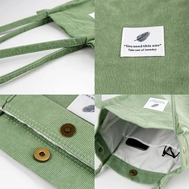 Alt view image 7 of 7 - Corduroy Tote Bag Cute Tote Bags for Women Shoulder Bag with Inner Pocket for Work Beach Travel and Shopping Grocery (Matcha Green)