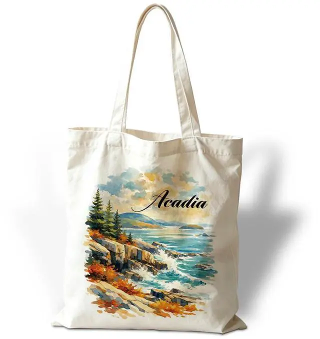 Main image of Acadia Canvas Tote Bag, Reusable Cotton Shoulder Shopping Bag for Work, Travel, Beach, Grocery, Gift Bag for Women Friends, Coastal Landscape Tote, 13.7 x 15.7 Inch