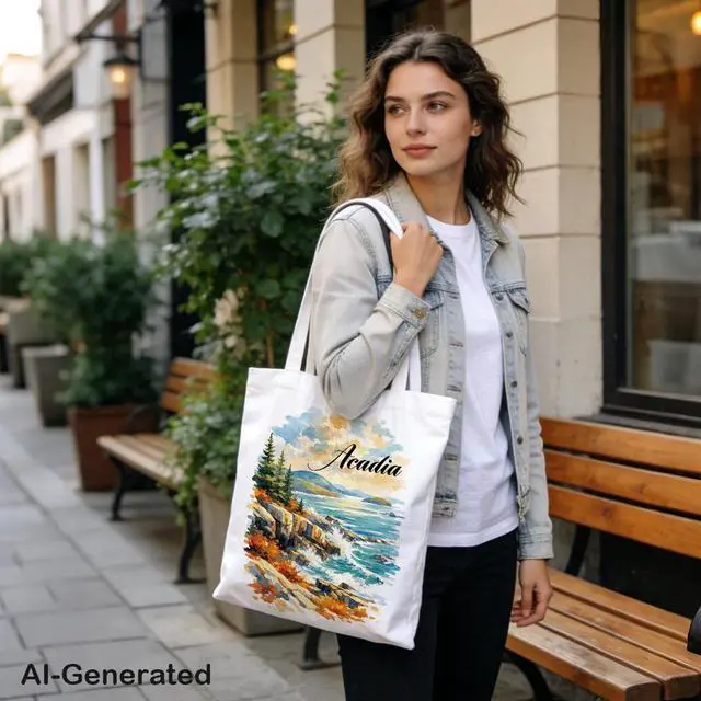 Alt view image 2 of 6 - Acadia Canvas Tote Bag, Reusable Cotton Shoulder Shopping Bag for Work, Travel, Beach, Grocery, Gift Bag for Women Friends, Coastal Landscape Tote, 13.7 x 15.7 Inch