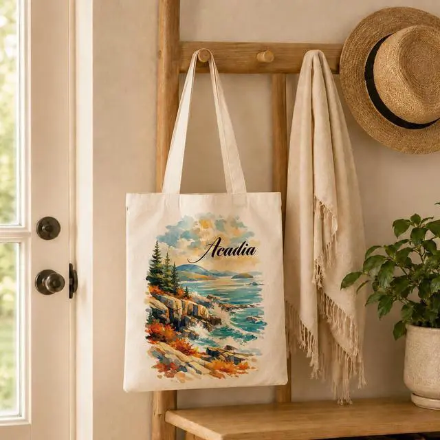 Alt view image 5 of 6 - Acadia Canvas Tote Bag, Reusable Cotton Shoulder Shopping Bag for Work, Travel, Beach, Grocery, Gift Bag for Women Friends, Coastal Landscape Tote, 13.7 x 15.7 Inch