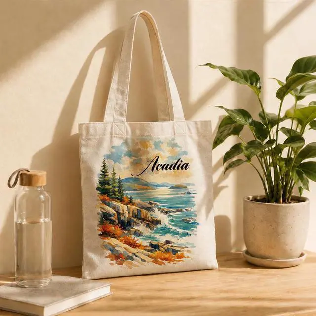 Alt view image 6 of 6 - Acadia Canvas Tote Bag, Reusable Cotton Shoulder Shopping Bag for Work, Travel, Beach, Grocery, Gift Bag for Women Friends, Coastal Landscape Tote, 13.7 x 15.7 Inch