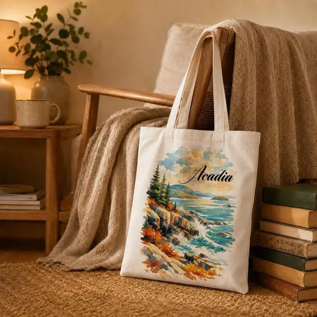 Alt view image 3 of 6 - Acadia Canvas Tote Bag, Reusable Cotton Shoulder Shopping Bag for Work, Travel, Beach, Grocery, Gift Bag for Women Friends, Coastal Landscape Tote, 13.7 x 15.7 Inch