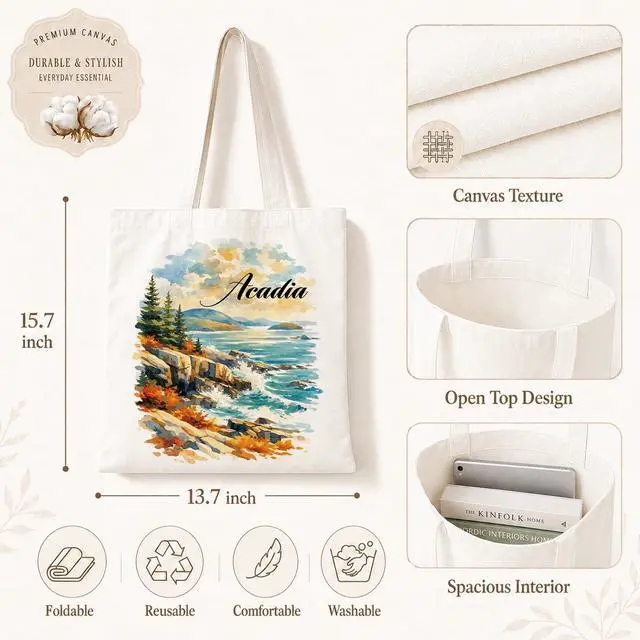 Alt view image 4 of 6 - Acadia Canvas Tote Bag, Reusable Cotton Shoulder Shopping Bag for Work, Travel, Beach, Grocery, Gift Bag for Women Friends, Coastal Landscape Tote, 13.7 x 15.7 Inch