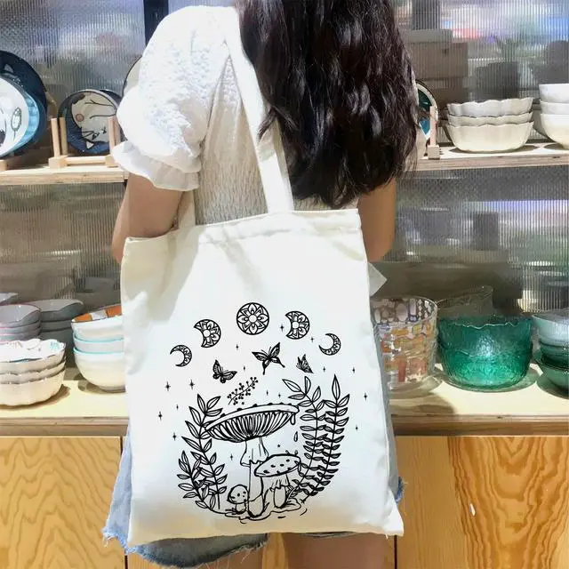 Alt view image 3 of 7 - Mushroom Tote Bag Aesthetic Vintage Mushroom Cotton Canvas Canvas Cute Tote for Women Gift Shopping Shoulder Reusable Grocery Bag
