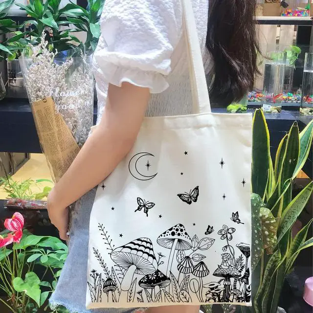Alt view image 2 of 7 - Mushroom Tote Bag Aesthetic Vintage Mushroom Cotton Canvas Canvas Cute Tote for Women Gift Shopping Shoulder Reusable Grocery Bag