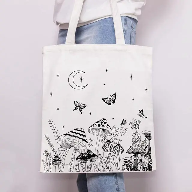 Alt view image 6 of 7 - Mushroom Tote Bag Aesthetic Vintage Mushroom Cotton Canvas Canvas Cute Tote for Women Gift Shopping Shoulder Reusable Grocery Bag
