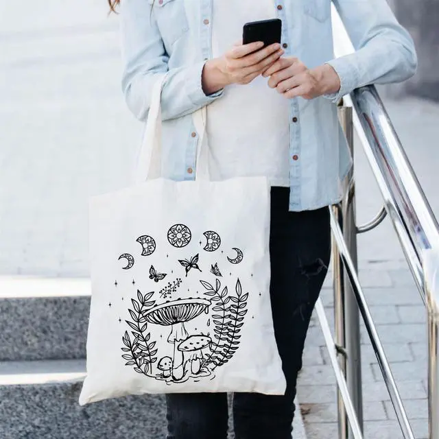 Alt view image 7 of 7 - Mushroom Tote Bag Aesthetic Vintage Mushroom Cotton Canvas Canvas Cute Tote for Women Gift Shopping Shoulder Reusable Grocery Bag