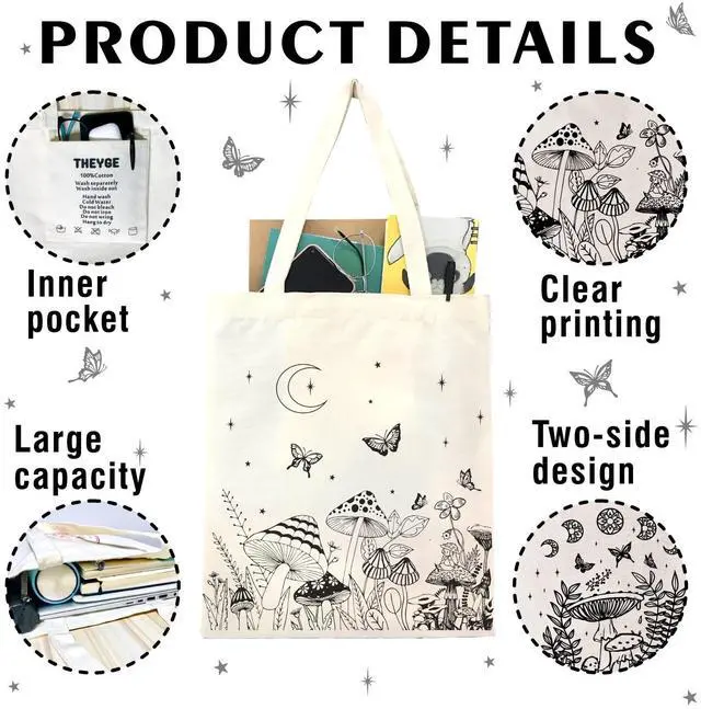 Alt view image 5 of 7 - Mushroom Tote Bag Aesthetic Vintage Mushroom Cotton Canvas Canvas Cute Tote for Women Gift Shopping Shoulder Reusable Grocery Bag