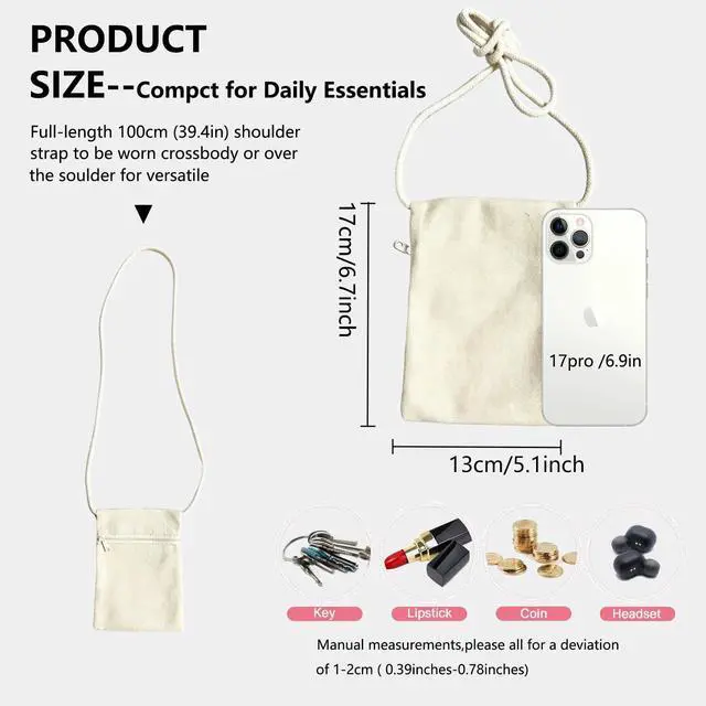 Alt view image 3 of 7 - 6Pcs 13x17cm Blank Canvas Crossbody Bag,Bulk Mini Zipper Shoulder Bags,Cloth Fabric Bags Painting Bags for DIY Craft