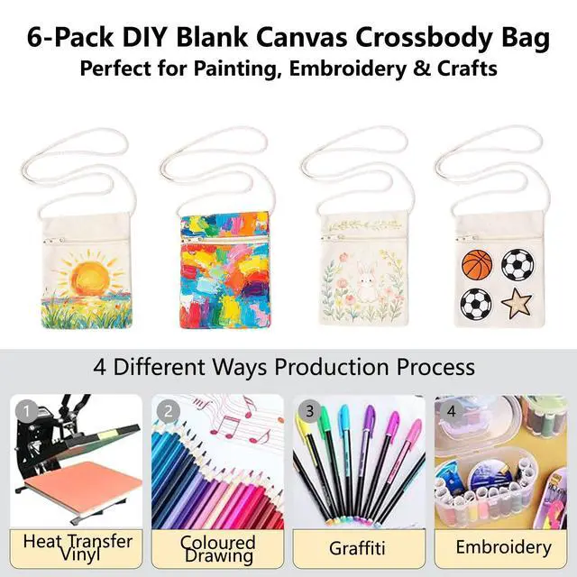 Alt view image 4 of 7 - 6Pcs 13x17cm Blank Canvas Crossbody Bag,Bulk Mini Zipper Shoulder Bags,Cloth Fabric Bags Painting Bags for DIY Craft
