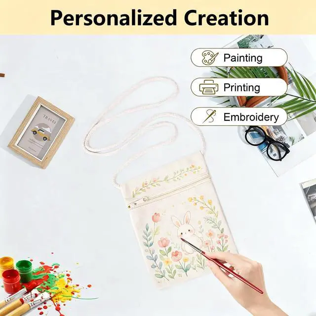 Alt view image 5 of 7 - 6Pcs 13x17cm Blank Canvas Crossbody Bag,Bulk Mini Zipper Shoulder Bags,Cloth Fabric Bags Painting Bags for DIY Craft