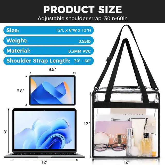 Alt view image 3 of 7 - Clear Bags Stadium Approved Clear Tote Bag with Zipper Closure Crossbody Shoulder Bag with Adjustable Strap(12 Inch X 12 Inch X 6 Inch,Black)