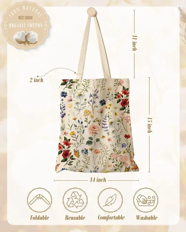 Alt view image 4 of 6 - Aesthetic Canvas Tote Bag for Women, Flowering Shrub | Reusable Tote Shoulder Bag, Sturdy Cloth, Vacation, Shopping, Grocery, Work, Gym, Cute Design Daily Carry