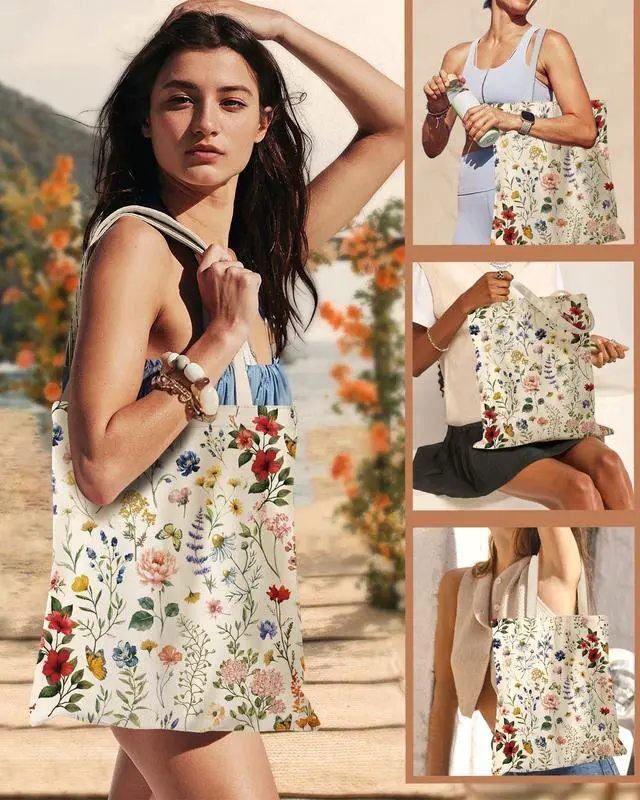 Alt view image 6 of 6 - Aesthetic Canvas Tote Bag for Women, Flowering Shrub | Reusable Tote Shoulder Bag, Sturdy Cloth, Vacation, Shopping, Grocery, Work, Gym, Cute Design Daily Carry
