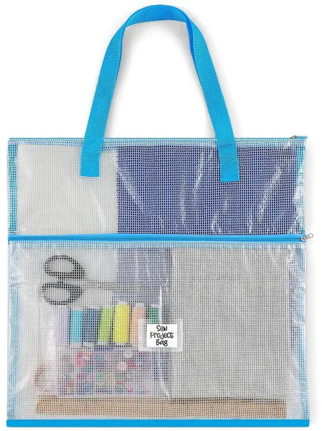 Main image of 16x16inch Sew Project Bag Jumbo Needlepoint Project Bag, Blue | for Sewing Quilting Craft Organizer Storage Portable Vinyl Mesh Zipper Pouch with Handle for Quilter Crafter Art Stitching