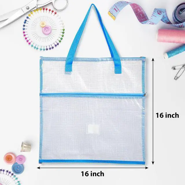 Alt view image 2 of 6 - 16x16inch Sew Project Bag Jumbo Needlepoint Project Bag, Blue | for Sewing Quilting Craft Organizer Storage Portable Vinyl Mesh Zipper Pouch with Handle for Quilter Crafter Art Stitching