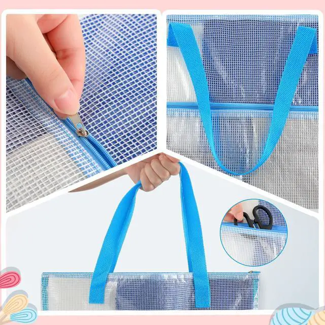 Alt view image 3 of 6 - 16x16inch Sew Project Bag Jumbo Needlepoint Project Bag, Blue | for Sewing Quilting Craft Organizer Storage Portable Vinyl Mesh Zipper Pouch with Handle for Quilter Crafter Art Stitching