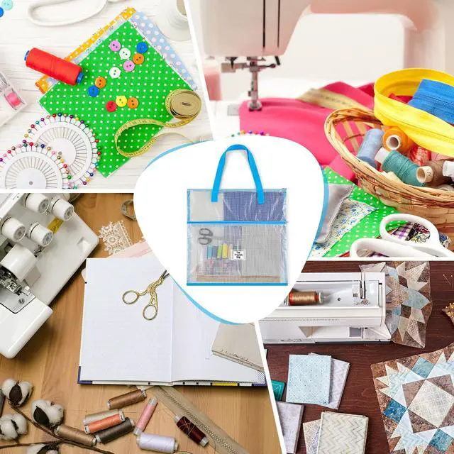 Alt view image 5 of 6 - 16x16inch Sew Project Bag Jumbo Needlepoint Project Bag, Blue | for Sewing Quilting Craft Organizer Storage Portable Vinyl Mesh Zipper Pouch with Handle for Quilter Crafter Art Stitching