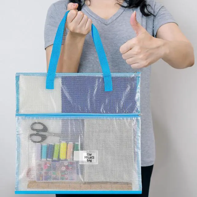 Alt view image 4 of 6 - 16x16inch Sew Project Bag Jumbo Needlepoint Project Bag, Blue | for Sewing Quilting Craft Organizer Storage Portable Vinyl Mesh Zipper Pouch with Handle for Quilter Crafter Art Stitching