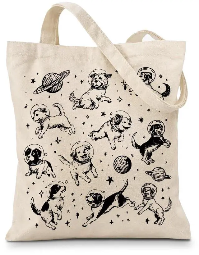 Main image of Space Dogs Canvas Tote Bag, Cute Astronaut Dog Print Aesthetic Reusable Shoulder Bag for Women, Travel, Shopping, and Dog Lovers Gifts
