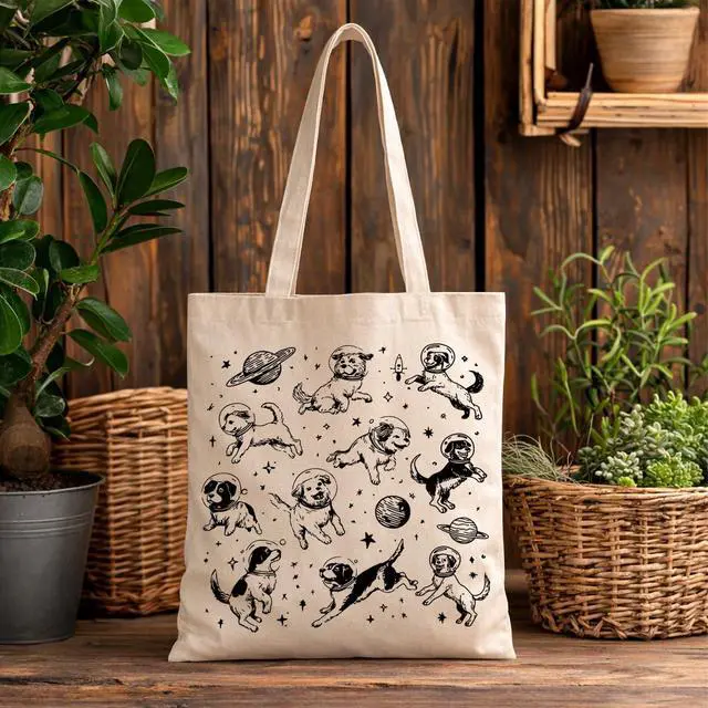 Alt view image 3 of 6 - Space Dogs Canvas Tote Bag, Cute Astronaut Dog Print Aesthetic Reusable Shoulder Bag for Women, Travel, Shopping, and Dog Lovers Gifts