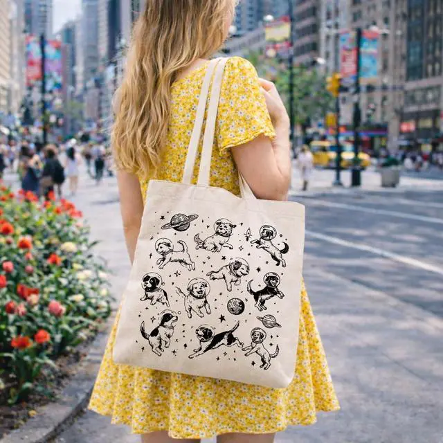 Alt view image 2 of 6 - Space Dogs Canvas Tote Bag, Cute Astronaut Dog Print Aesthetic Reusable Shoulder Bag for Women, Travel, Shopping, and Dog Lovers Gifts