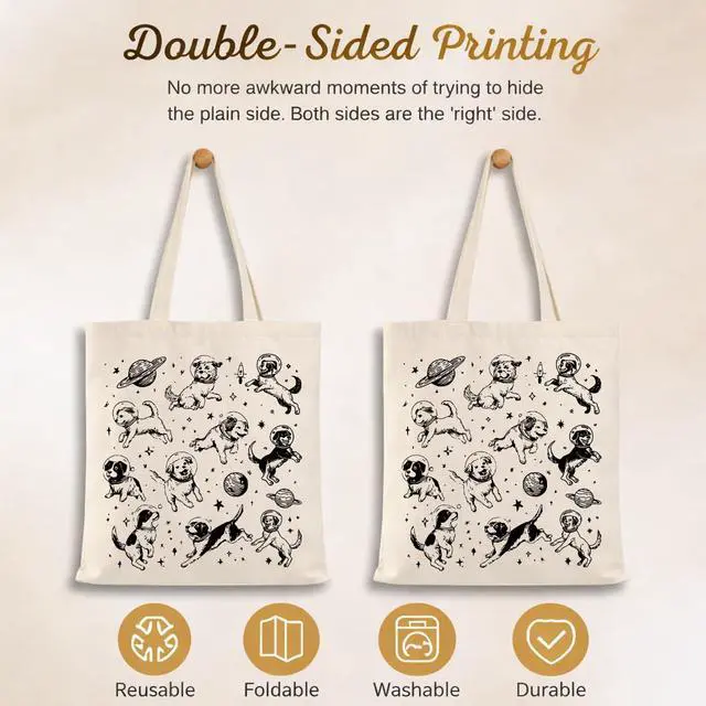 Alt view image 4 of 6 - Space Dogs Canvas Tote Bag, Cute Astronaut Dog Print Aesthetic Reusable Shoulder Bag for Women, Travel, Shopping, and Dog Lovers Gifts