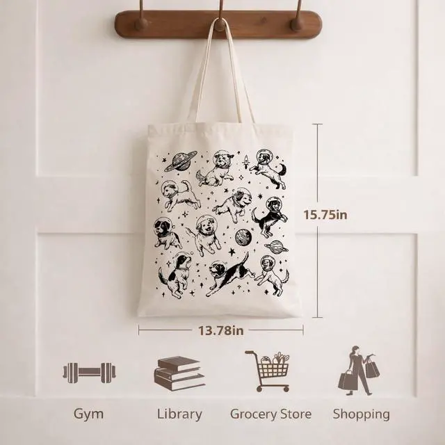 Alt view image 5 of 6 - Space Dogs Canvas Tote Bag, Cute Astronaut Dog Print Aesthetic Reusable Shoulder Bag for Women, Travel, Shopping, and Dog Lovers Gifts