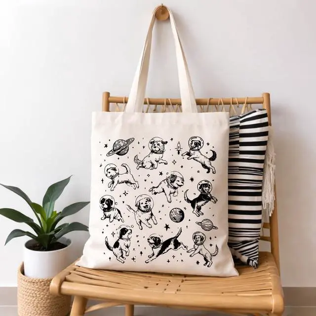 Alt view image 6 of 6 - Space Dogs Canvas Tote Bag, Cute Astronaut Dog Print Aesthetic Reusable Shoulder Bag for Women, Travel, Shopping, and Dog Lovers Gifts
