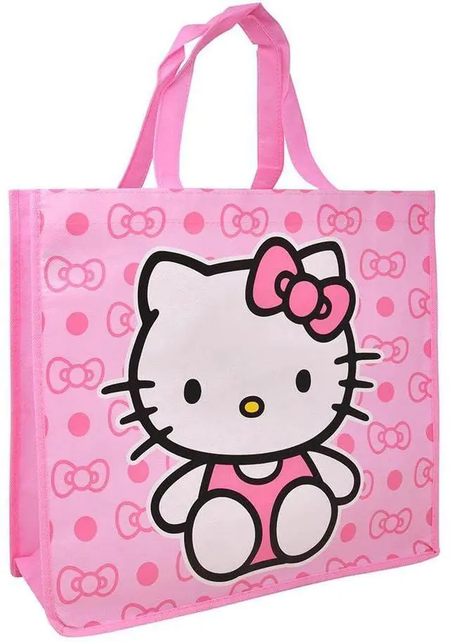 Main image of Hello Kitty Large Shopping Tote Bag, Pink with Bow Pattern, Reusable