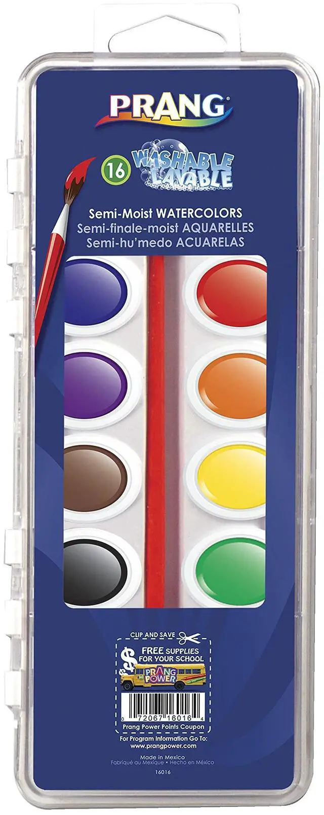Main image of Washable Semi-Moist Watercolors Oval Pan Set with Size 6 Paintbrush, Non-Refillable, 16 Assorted Colors, Pack of 1