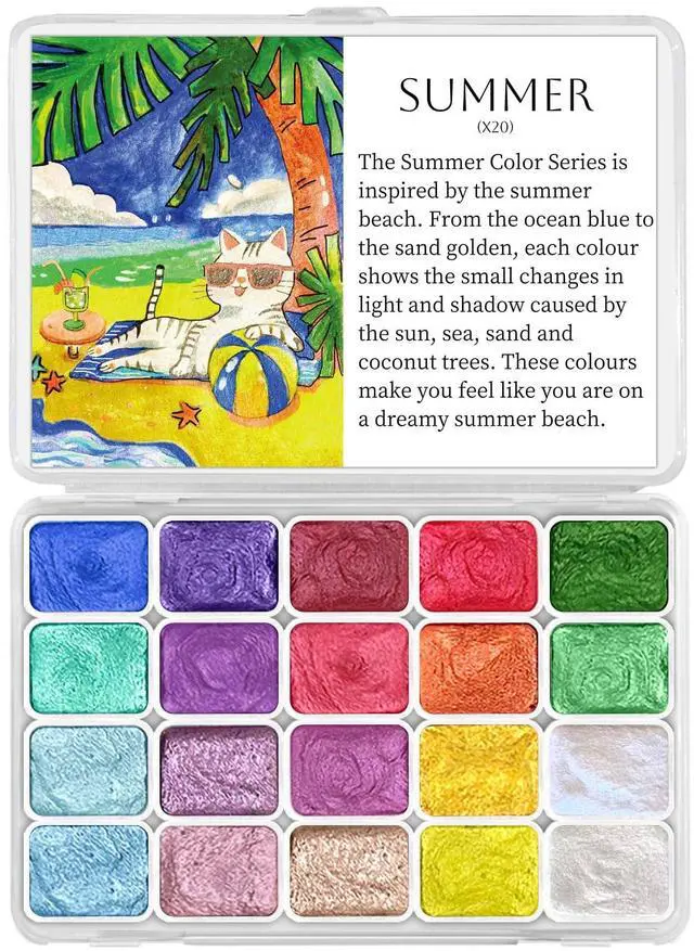 Main image of Mini Glitter Watercolor Paint Set, 20 Colors Shimmer Metallic Watercolour Painting Sets, Solid Pearl Water Color Paints for Adult, 1ml Trial Pack(Summer)