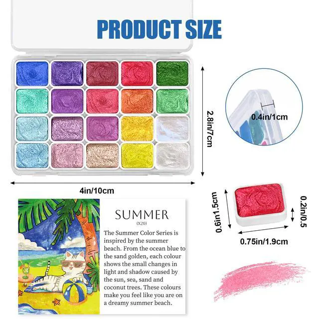 Alt view image 2 of 6 - Mini Glitter Watercolor Paint Set, 20 Colors Shimmer Metallic Watercolour Painting Sets, Solid Pearl Water Color Paints for Adult, 1ml Trial Pack(Summer)