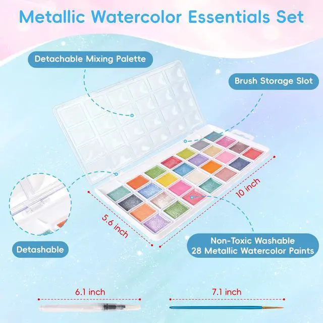 Alt view image 3 of 7 - 28 Metallic Colors Washable Watercolor Paint Set, with 3 Brushes Pen | watercolor palette, Non-toxic Water Color Paints Sets for Kids, Adults Artists Students Beginner,Travel Watercolor Set
