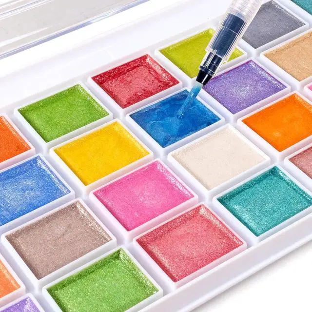 Alt view image 4 of 7 - 28 Metallic Colors Washable Watercolor Paint Set, with 3 Brushes Pen | watercolor palette, Non-toxic Water Color Paints Sets for Kids, Adults Artists Students Beginner,Travel Watercolor Set
