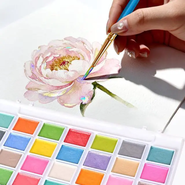 Alt view image 6 of 7 - 28 Metallic Colors Washable Watercolor Paint Set, with 3 Brushes Pen | watercolor palette, Non-toxic Water Color Paints Sets for Kids, Adults Artists Students Beginner,Travel Watercolor Set