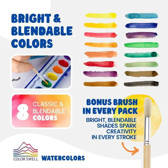 Alt view image 3 of 7 - 8 Color Bulk Watercolors with Wood Brushes, 1 Pack