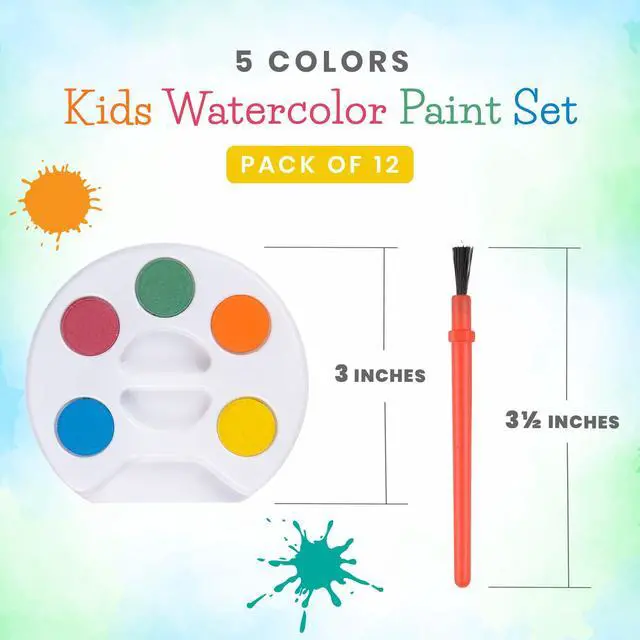 Alt view image 2 of 5 - Mini Watercolor Kids Paint Set - (Bulk Pack of 12) - 5 Watercolor Paints, Palette Tray and Painting Brush, for Art Party Favors, Kids Prizes and Paint Party Supplies